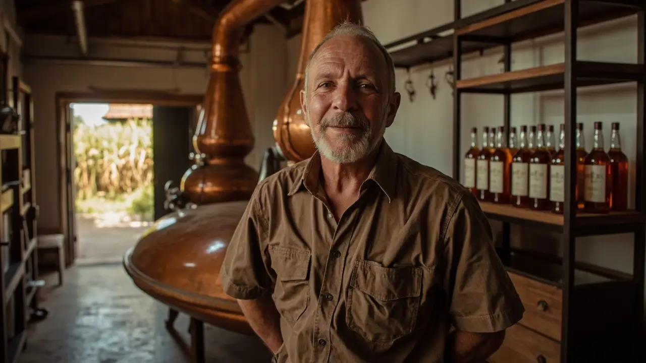 Produtor de cachaça artesanal ao lado do alambique de cobre adquirido via consórcio de equipamentos
