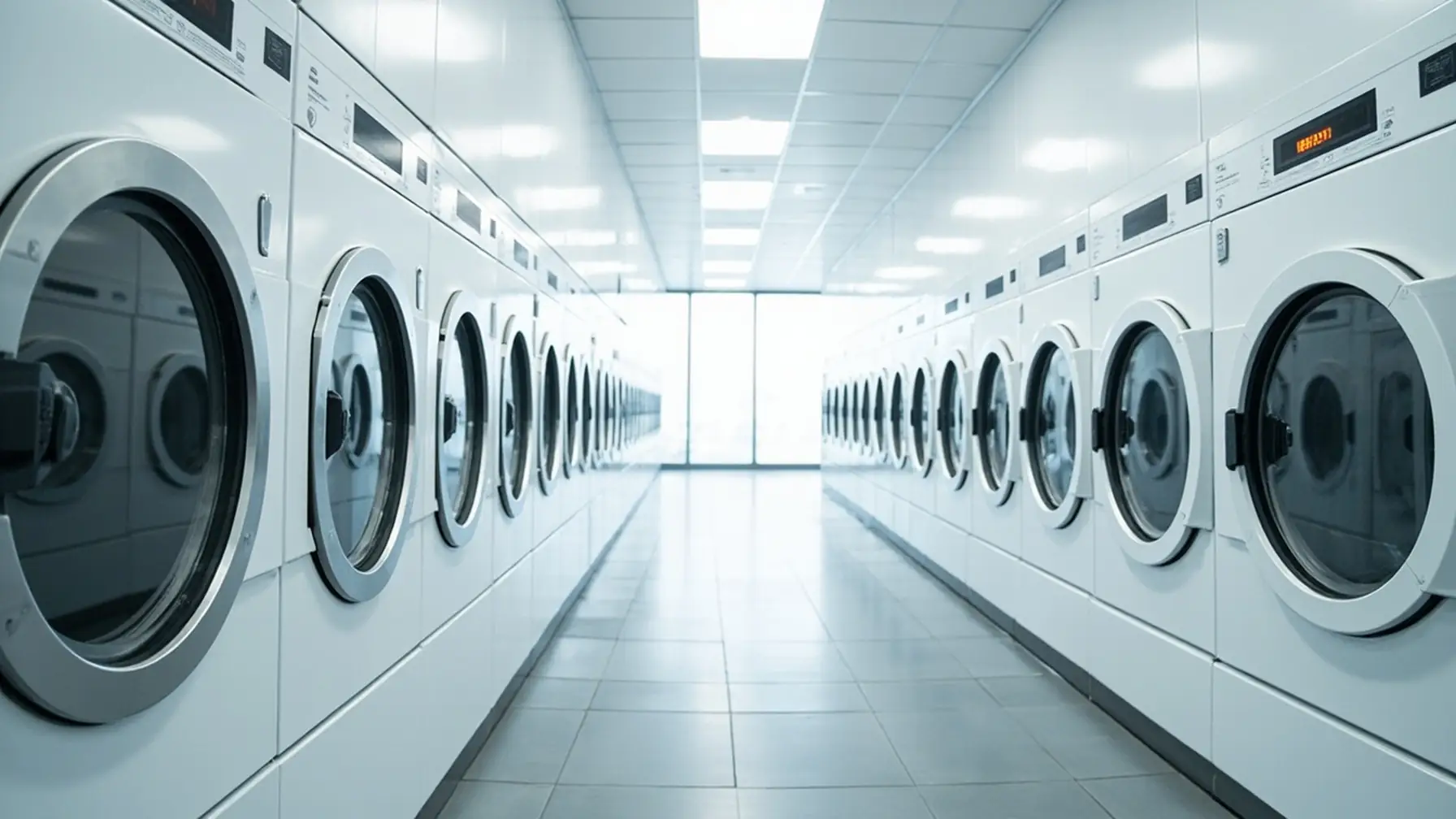 Interior de lavanderia self-service moderna montada com consórcio de equipamento