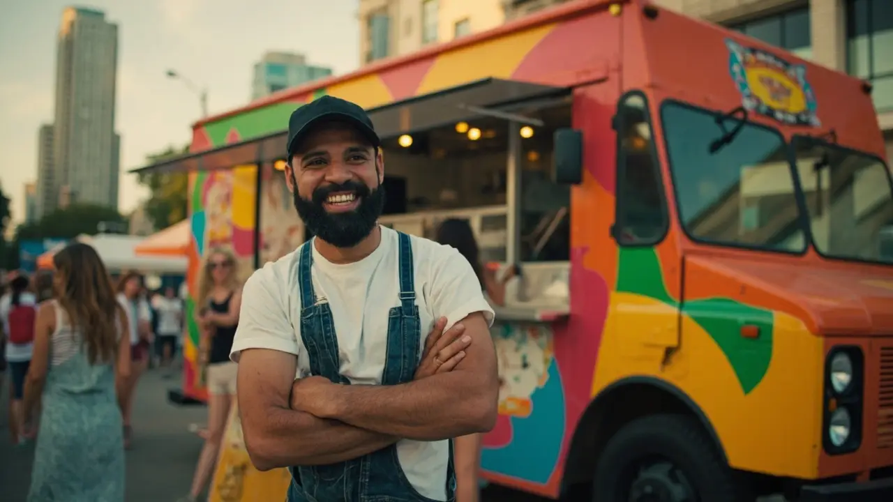 Food truck em praça urbana ensolarada representando negócio gastronômico próprio adquirido via consórcio de veículo
