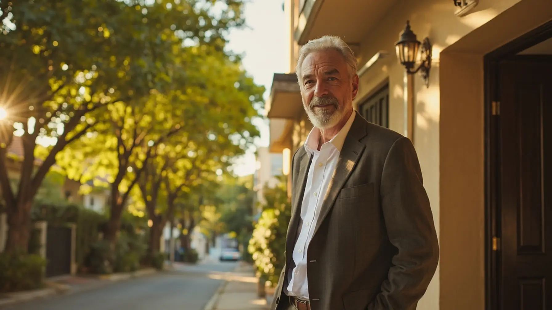 Trabalhador brasileiro na faixa dos 50 anos na frente de imóvel adquirido por consórcio para aposentadoria
