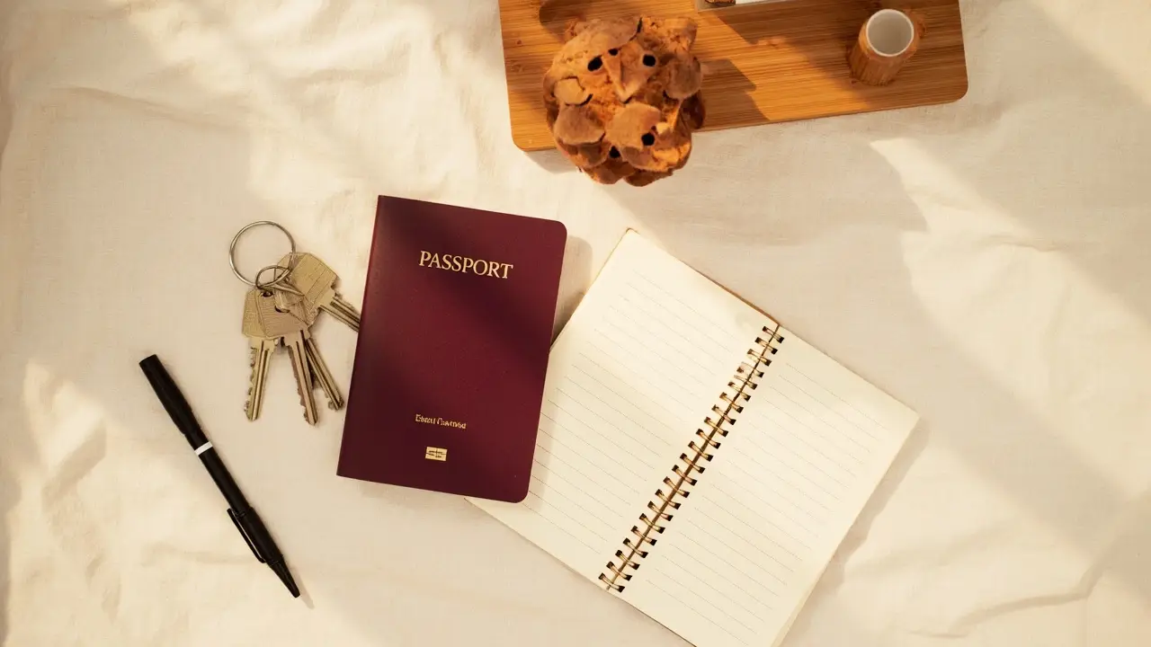 Passaporte e chaves de imóvel representando a jornada do estrangeiro residente rumo ao patrimônio no Brasil