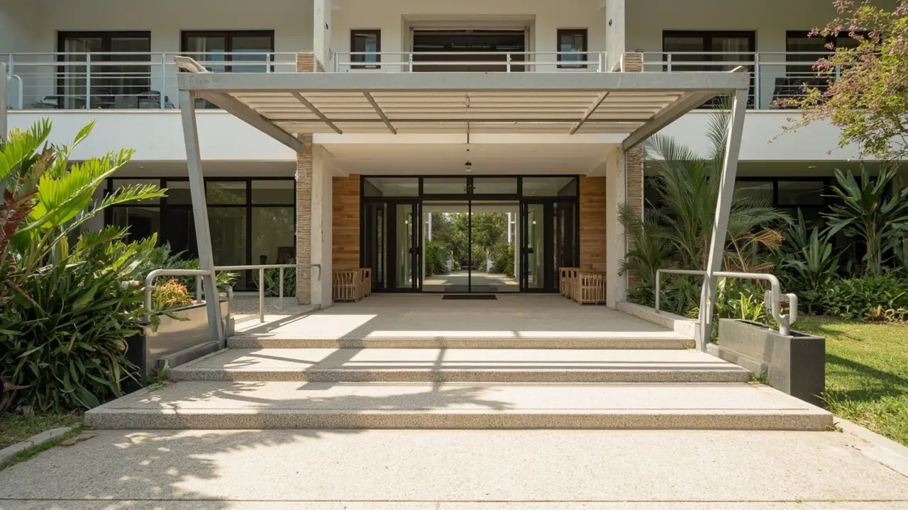 Pessoa em cadeira de rodas na entrada de apartamento contemporâneo com rampa de acesso e porta larga, luz de manhã brasileira, expressão de conquista