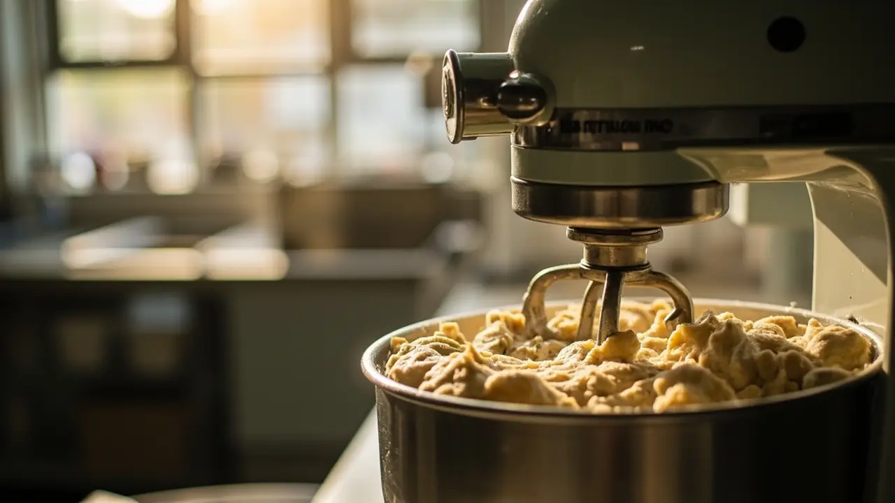 Mãos sovando massa de pão em superfície enfarinhada, representando artesanato e produção própria na panificação