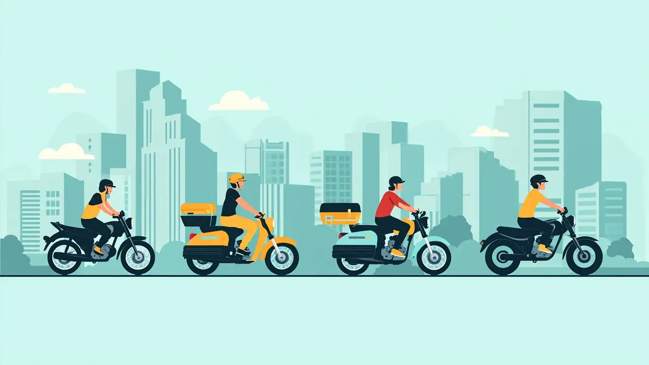 Motociclista de delivery brasileiro em ambiente urbano ao amanhecer com capacete e celular com app de entrega