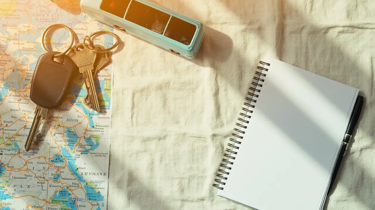 Chave de ônibus e mapa regional representando o planejamento de consórcio para empresa de excursões