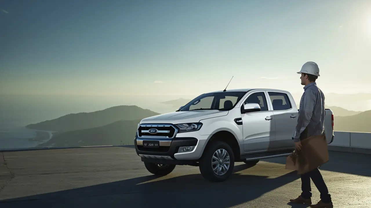 Empreiteiro autônomo ao lado de pickup cabine dupla em obra de construção civil