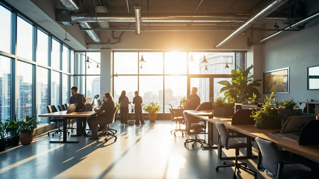 Sala comercial moderna em prédio corporativo brasileiro, piso polido e janela ampla com vista urbana, mesa de reunião vazia em luz natural lateral