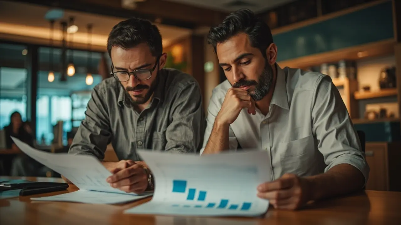 Profissional brasileiro comparando duas propostas financeiras numa mesa com calculadora e planilhas
